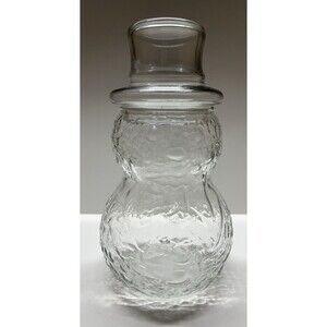Anchor Hocking Glass Snowman Candy Jar Vintage Clear Textured Glass with Hat Lid